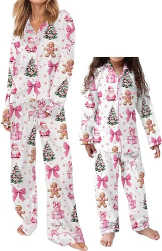 LILTWIST Mommy and Me Christmas Pajamas Matching Pink Santa Bow Pjs Women Girls Silk Satin Long Sleeve Shirts Pj Pants Sets | Amazon (US)