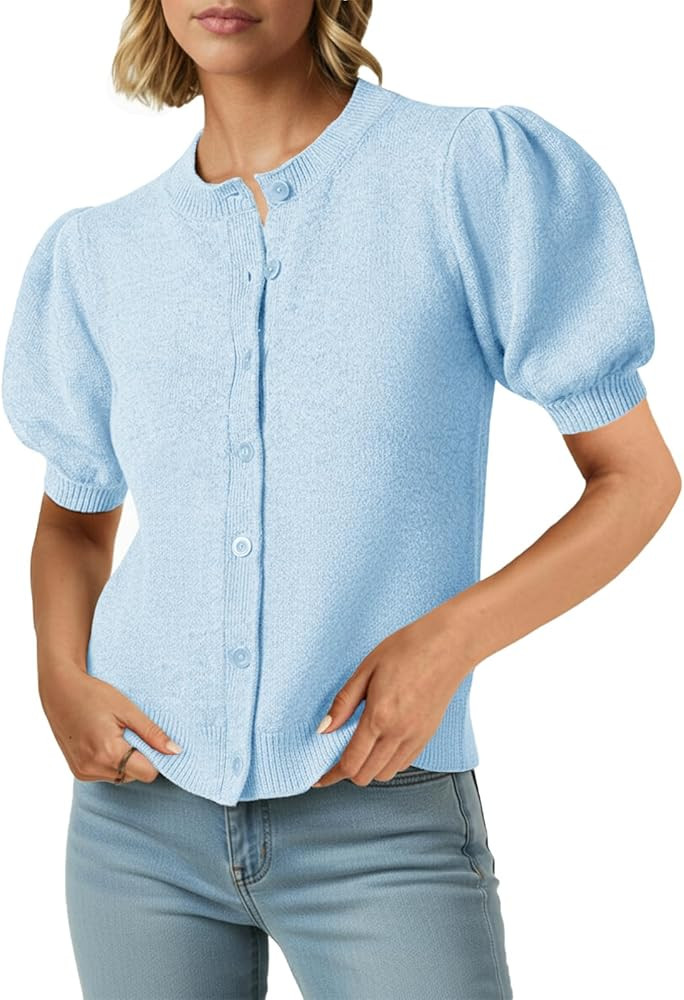 Saodimallsu Womens Puff Short Sleeve Cardigans Casual Summer Button Down Lightweight Knit Crew Ne... | Amazon (US)
