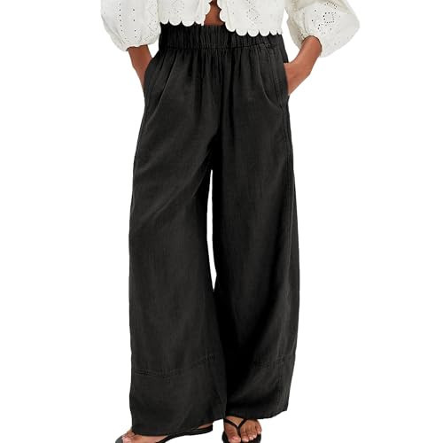 SeeLuNa Linen Cotton Pants for Women Cotton Baggy Boho Casual Palazzo Pants Wide Leg Long Lounge Trousers with Pockets(Black, XS) | Amazon (US)