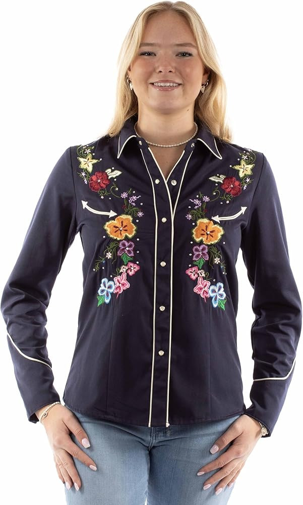 Scully Women's Floral Embroidered Long Sleeve Western Snap Shirt Navy Medium US | Amazon (US)