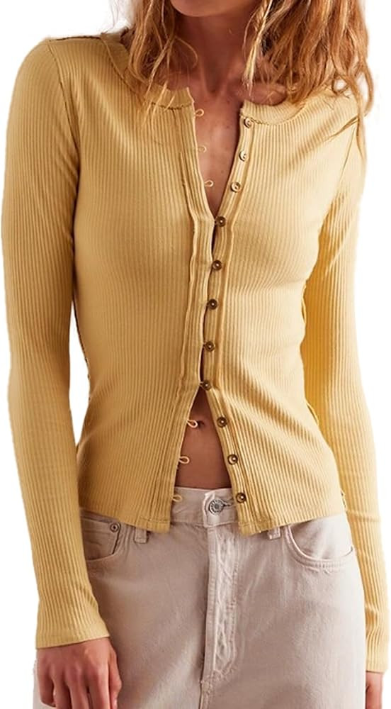Womens Slim Fitted Cardigan Long Sleeve Y2K Ribbed Tops Button Down Shirts | Amazon (US)