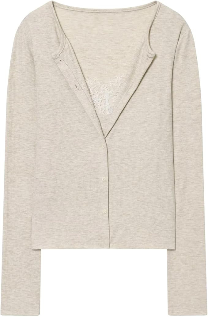 Chevara Women’s Lace Combination Top Trendy Round Neck Long Sleeve Button Up Slim Fit 2 Piece C... | Amazon (US)