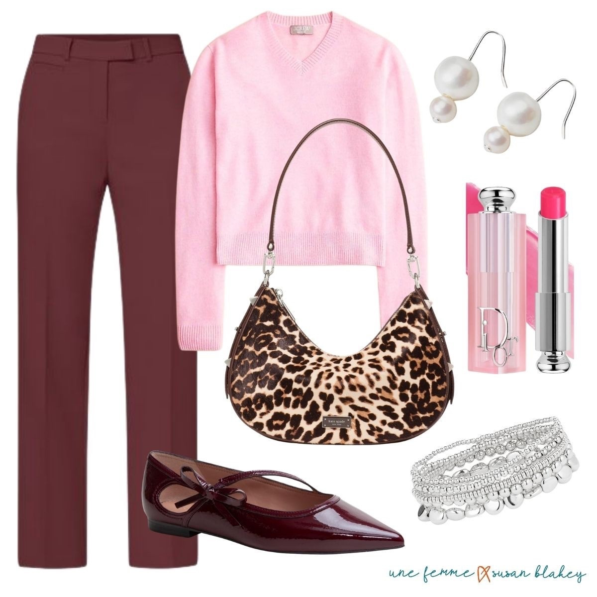Here’s how to strike the perfect balance:
✨ Start with one color family as your base—here, warm burgundy trousers and matching flats set the tone.
💗 Add a soft cool hue like blush pink to keep things light and feminine.
🐆 Introduce a print (like leopard) to tie both temperatures together—it acts as a stylish neutral.
💎 And don’t be afraid of silver jewelry! Cool-toned metals add contrast and polish without clashing.

Warm meets cool, and the result? Effortless sophistication. 🍷💗✨

#StyleTips #ColorMixing #Over50Style #FallFashion #ChicAndTimeless #HowToStyle 

#LTKPetite #LTKOver40 #LTKSeasonal