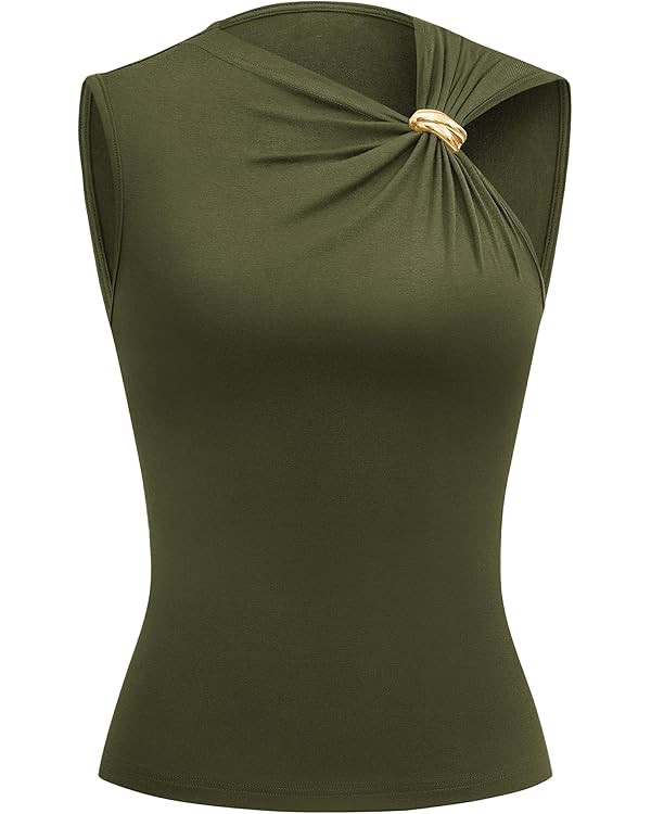 BTFBM Spring Tops for Women 2026 Asymmetrical Neck Sleeveless Going Out Summer Outfits Casual Ruc... | Amazon (US)