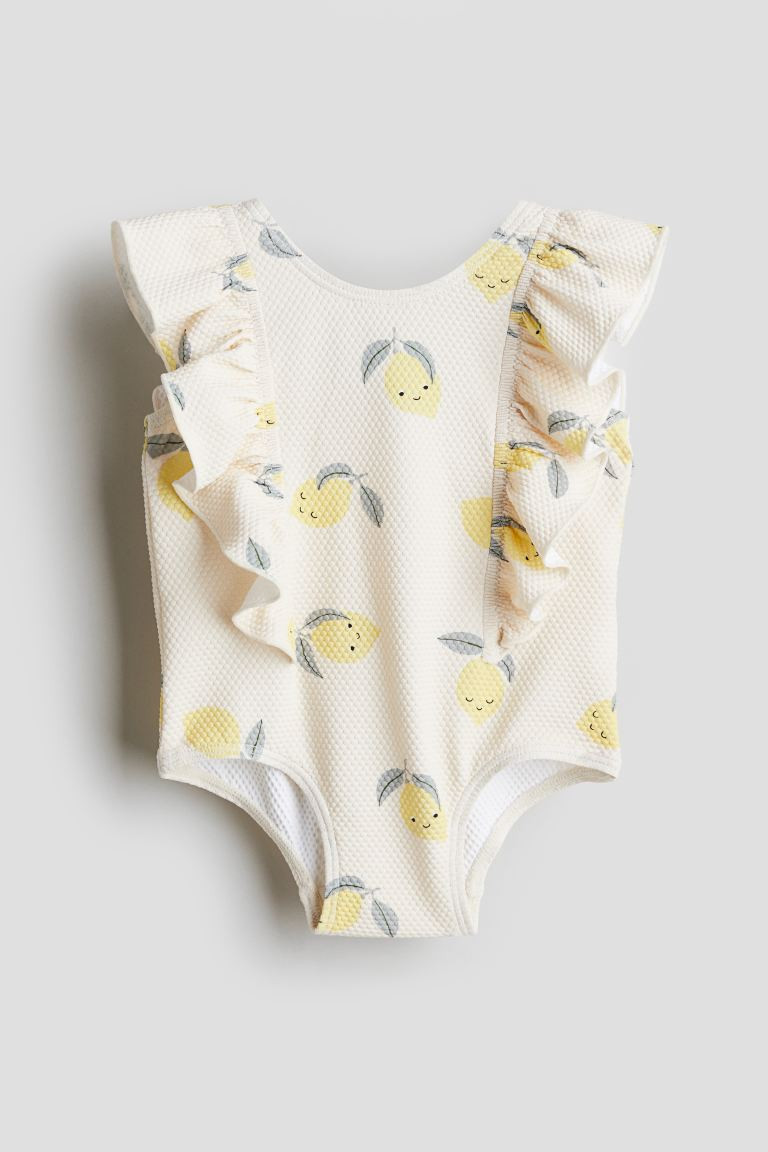 Flounce-trimmed Swimsuit - Round Neck - Sleeveless - Cream/lemons - Kids | H&M US | H&M (US + CA)