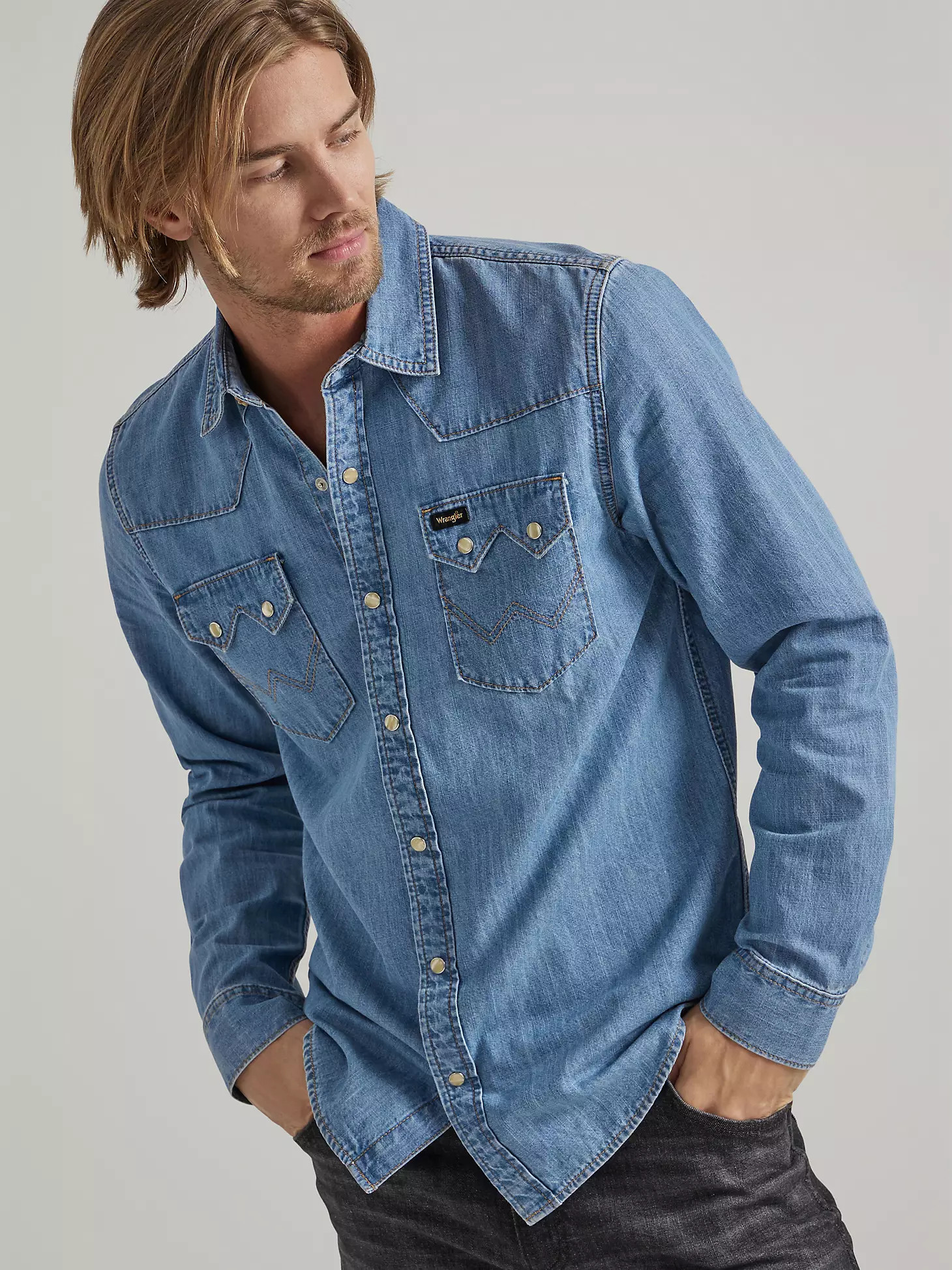Men's Denim Western Snap Shirt in Light Wash | Wrangler