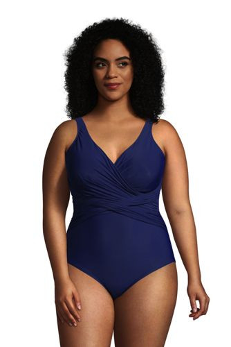 Women's Plus Size Slender Tummy Control Chlorine Resistant V-neck Wrap One Piece Swimsuit | Lands' End (US)