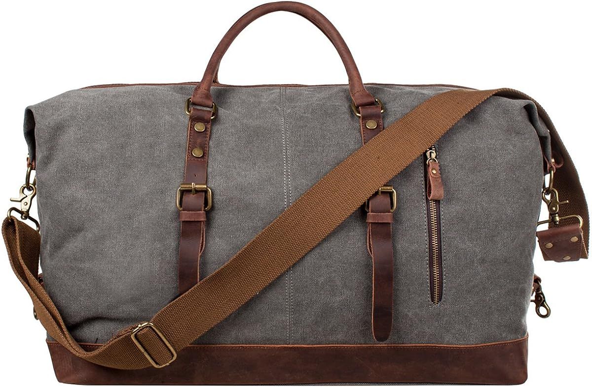 S-ZONE Oversized Canvas Genuine Leather Trim Travel Tote Duffel Shoulder Weekend Bag Weekender Ov... | Amazon (US)