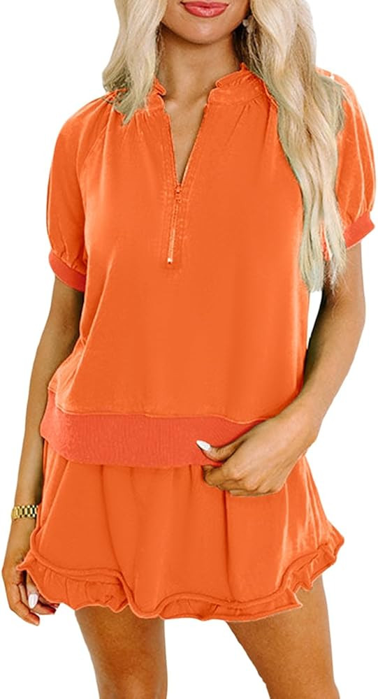 KevaMolly Women's 2 Piece Lounge Sets Casual Short Sleeve Outfits Half Zip Puff Sleeve Top and Ru... | Amazon (US)