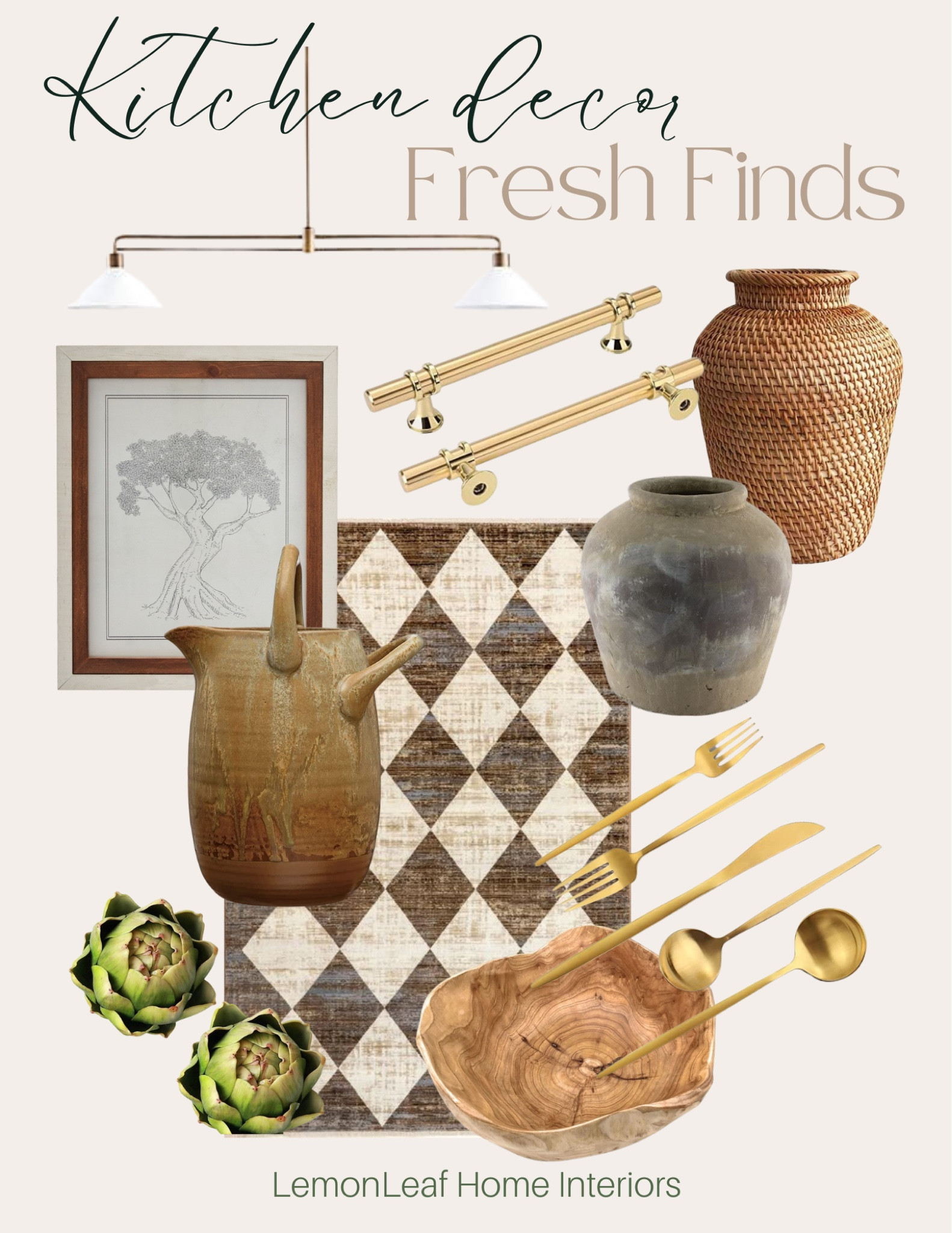 Fresh finds for kitchen decor, lighting, rugs, cabinet hardware , gold silverware, wall art, rattan vase, ceramic pitcher, island pendant, dining room light, chandelier, checkered rug, harlequin area rug, ceramic vase, pottery, 



#LTKunder100 #LTKhome #LTKSeasonal