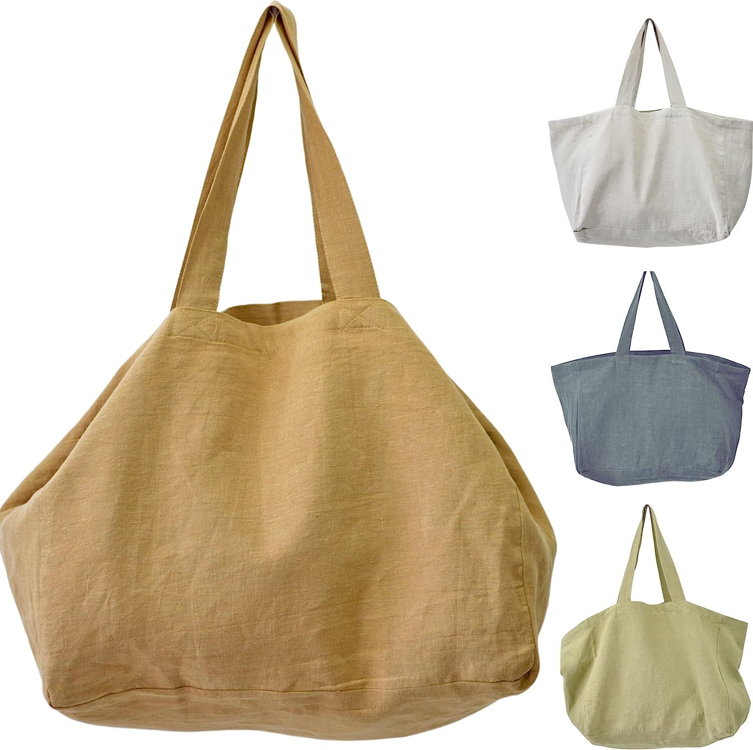Large Linen Tote Bag Beach Bag with Pockets, Lining - Packable Reusable Grocery Shopping Bags - C... | Amazon (US)