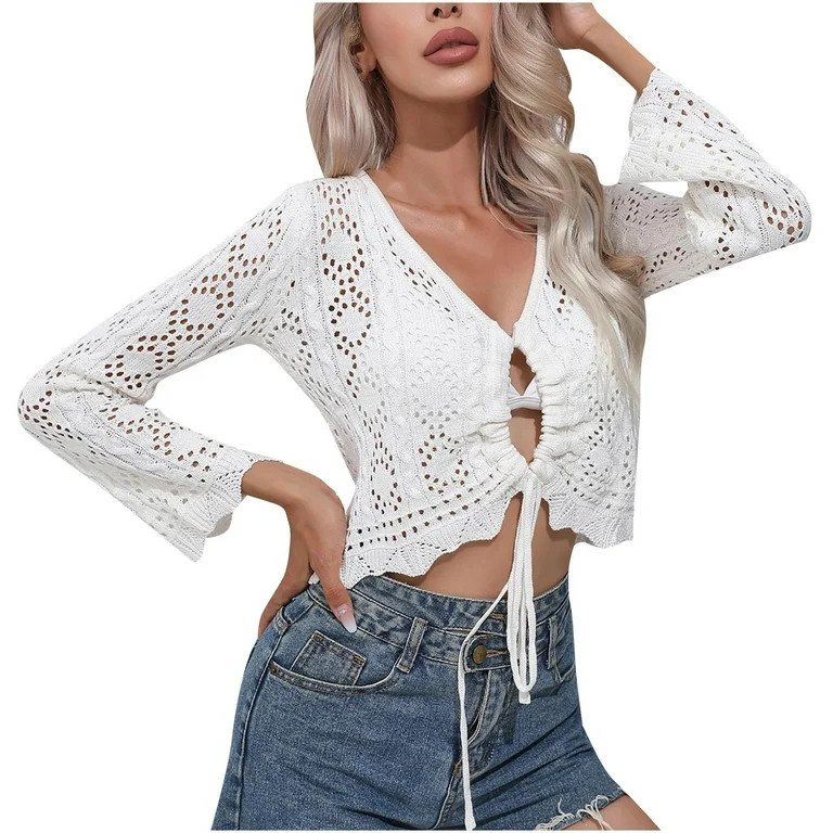 ameIAEA Womens Summer V Neck Long Sleeve Cover Up Top Casual Hollow Out Knit Drawstring Beach Shi... | Walmart (US)