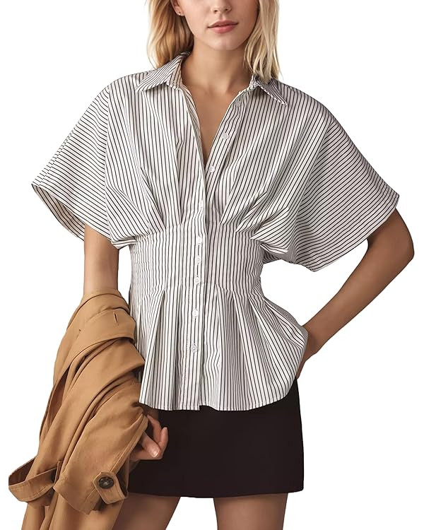Women Striped Button Pleated Shirts Short Sleeve Summer Casual Peplum Blouse | Amazon (US)