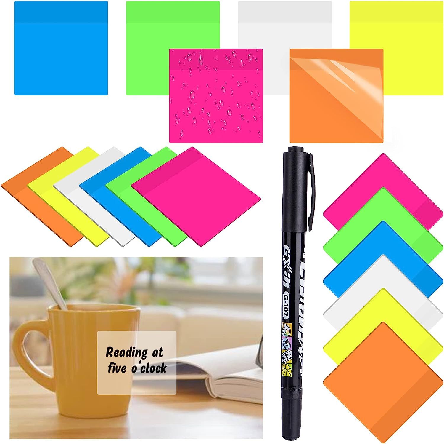 12 Pack Transparent Sticky Notes , 3x3" Clear Sticky Note with Marker, XURISEN 2X Sticking Power Tra | Amazon (US)