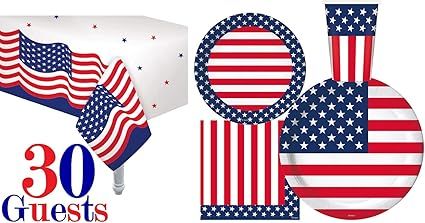 Serves 30 | Complete Party Pack | 4th of July Patriotic American Stars and Stripes | 9" Dinner Pa... | Amazon (US)