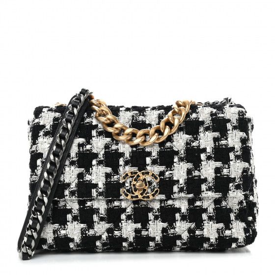 CHANEL Tweed Quilted Large Chanel 19 Flap Black Ecru White | FASHIONPHILE | FASHIONPHILE (US)