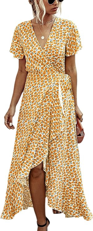 ECOWISH Women's Dresses Bohemian Wrap V Neck Short Sleeve Ethnic Style High Split Beach Maxi Dres... | Amazon (US)