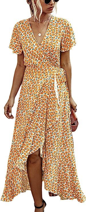 ECOWISH Women's Dresses Bohemian Wrap V Neck Short Sleeve Ethnic Style High Split Beach Maxi Dres... | Amazon (US)