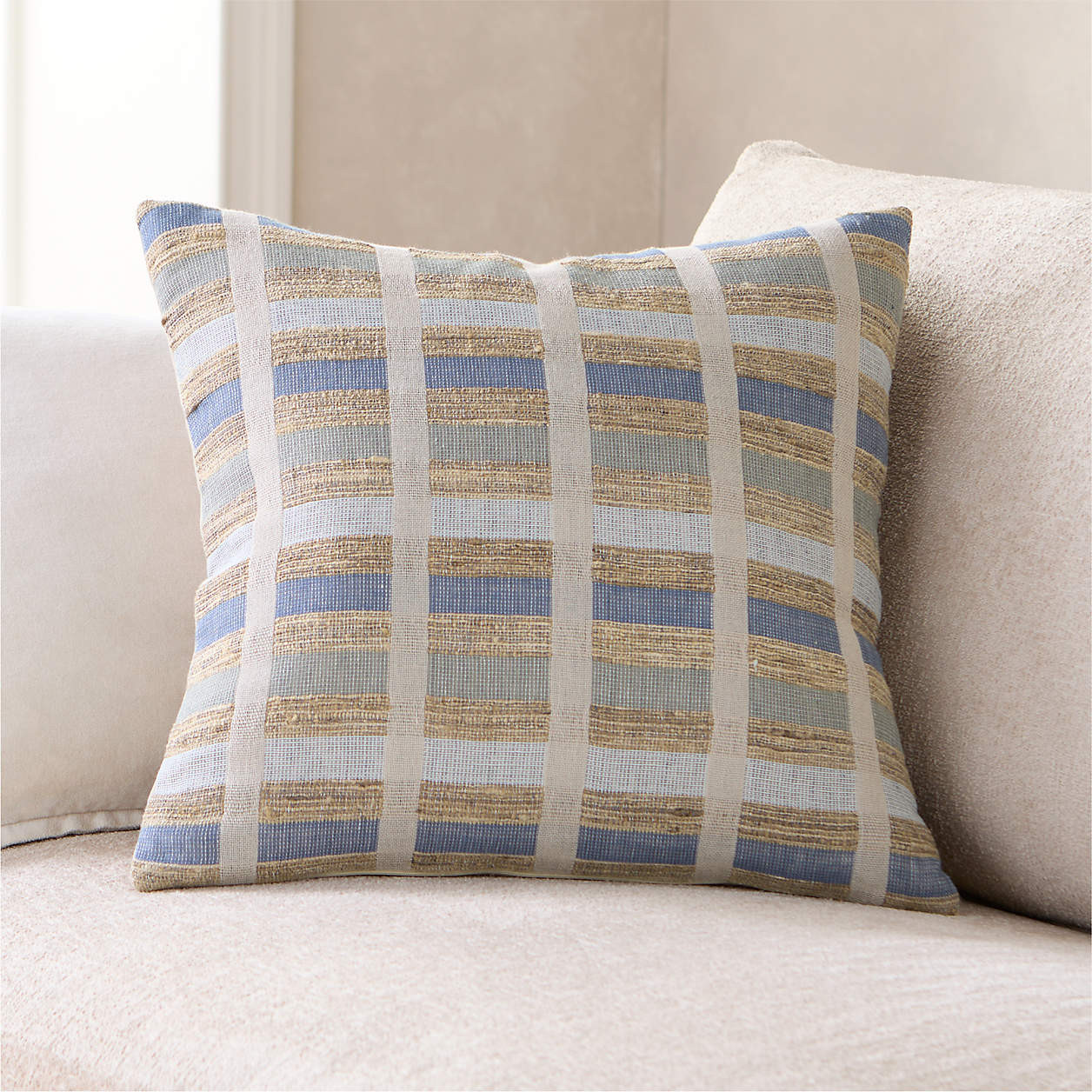 Harper Organic Cotton, Linen and Silk Blend 20"x20" Pale Blue Stripe Throw Pillow with Feather In... | Crate & Barrel