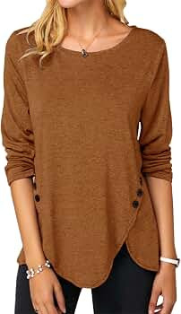 Womens Casual Long Sleeve Tunic Shirts Round Neck Button Side Blouses Tops | Amazon (US)