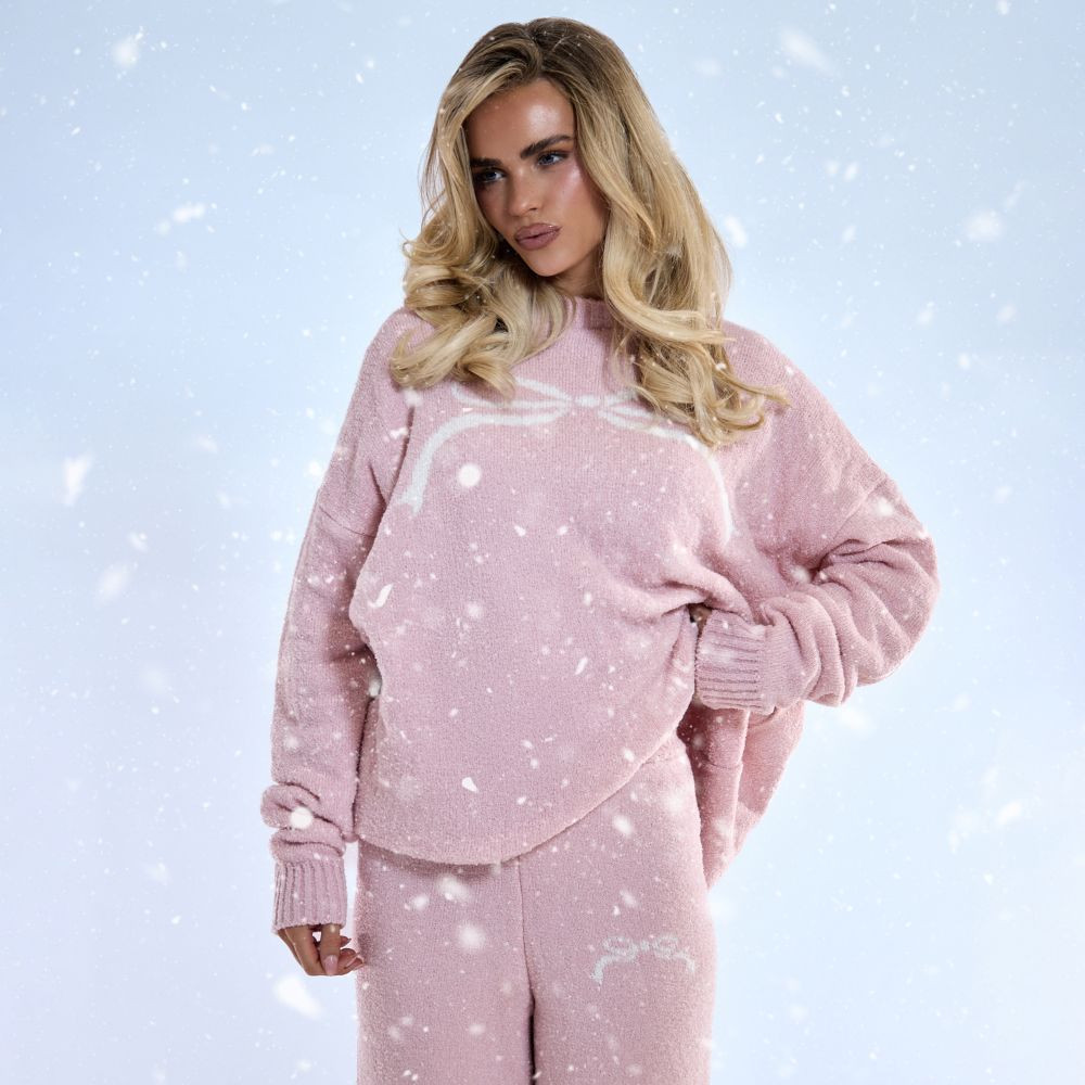 Long Sleeve Bow Graphic Detail Oversized Jumper In Pink Fluffy Knit | EGO (UK)