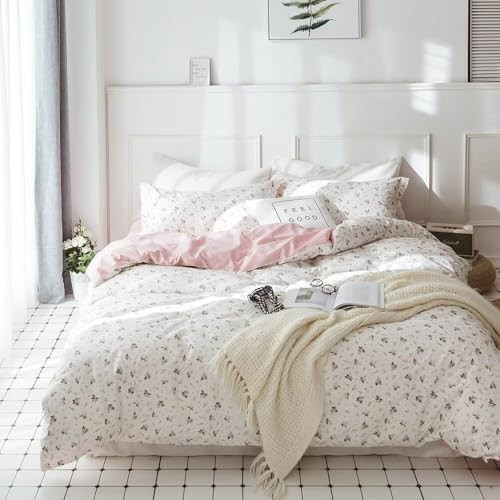 VClife Full Cotton Duvet Cover Sets Pink White Floral Bedding Sets, 3 Pieces Vintage Style Flower Branches Pattern Duvet Covers with Zipper Closure (1 Duvet Cover & 2 Pillow Covers) | Amazon (US)