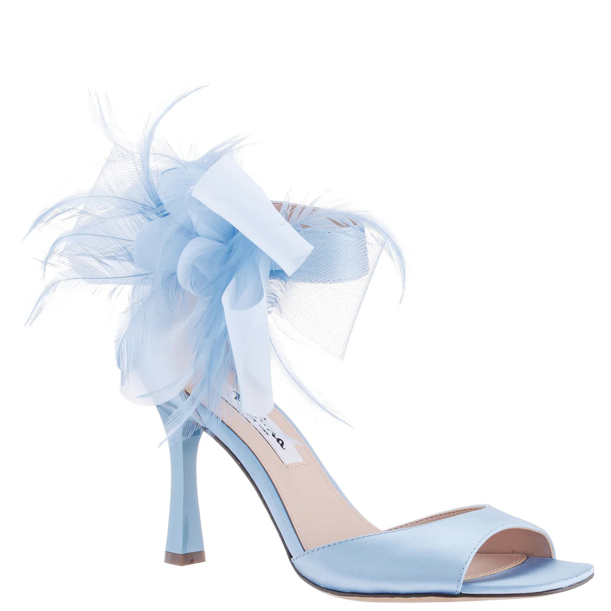 Womens Dora Blue Satin Bow, Feather And Flower High-Heel Dressy Sandal   | Nina Shoes | Nina Shoes