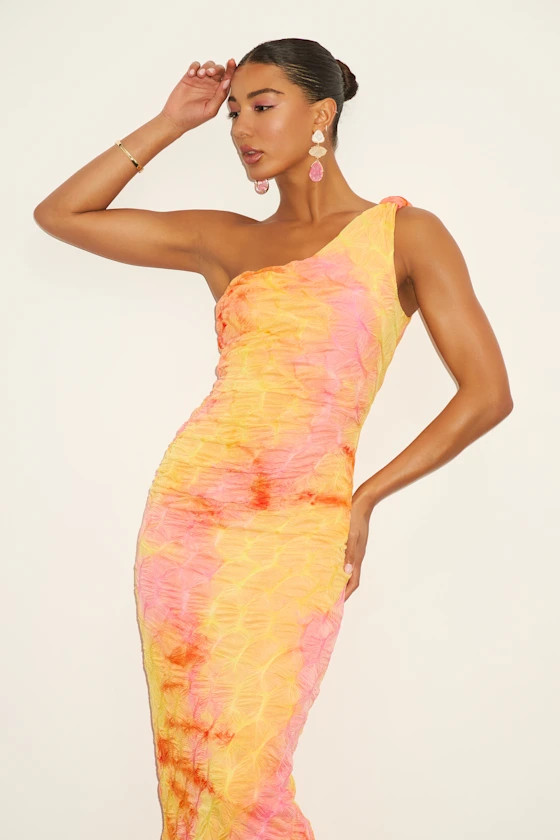Donica Yellow Multi Tie-Dye One-Shoulder Midi Dress | Lulus