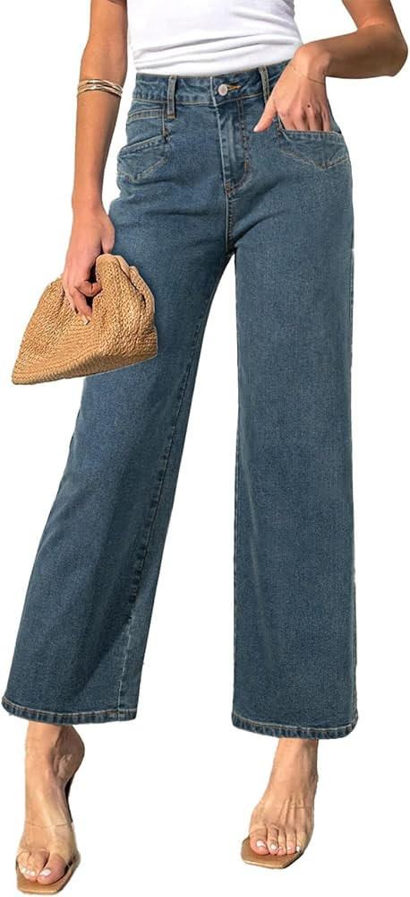 Sidefeel Women's Wide Leg Jeans High Waisted Stretchy Jeans Straight Leg Zimbaplatinum Ankle Deni... | Amazon (US)