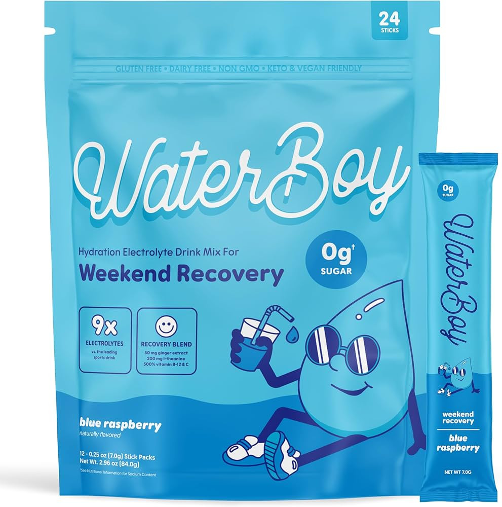 Waterboy Weekend Recovery | 3,200mg Electrolyte Powder Packets | Ginger + L-Theanine + Vitamins |... | Amazon (US)