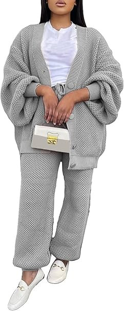 LROSEY Women 2 Piece Lounge Sets Outfits Oversized Button Down Cardigan Sweaters Set Cable Knit S... | Amazon (US)