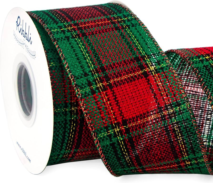 Ribbli Christmas Plaid Wired Ribbon, Red and Green Plaid with Gold Metallic, 2-1/2 Inch x 10 Yard... | Amazon (US)