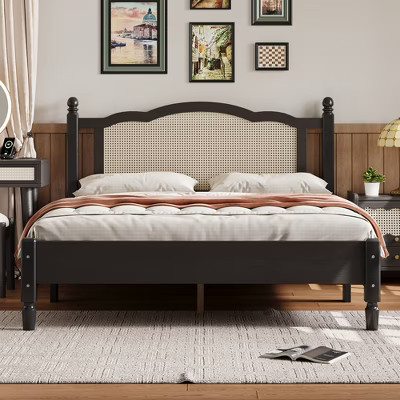 Queen Size Wooden Platform Bed with Natural Rattan Headboard | Target