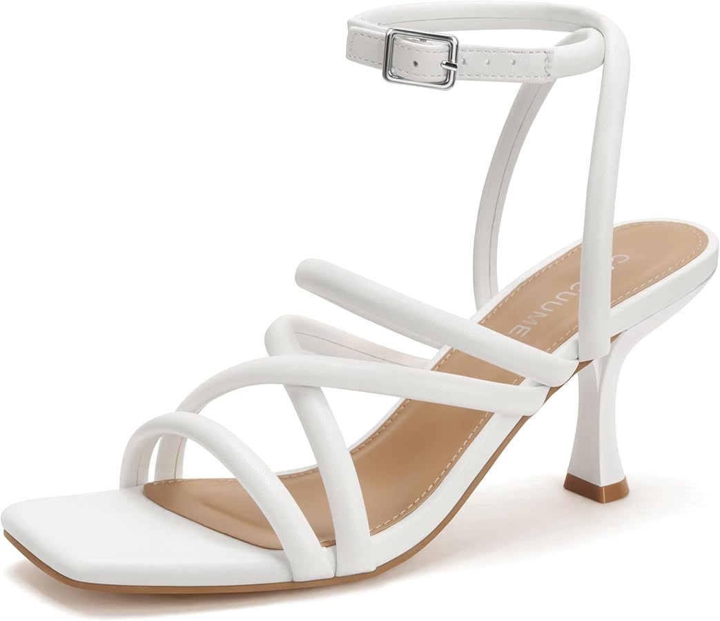 Carcuume Women's Square Toe Strappy Heeled Sandals Ankle Buckle Kitten Heel | Amazon (US)
