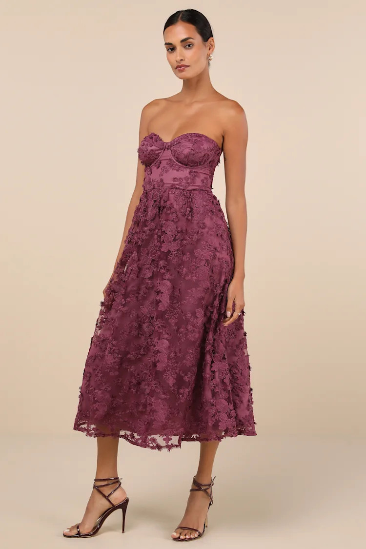 Quite Perfect Purple Floral Embroidered Strapless Midi Dress | Lulus