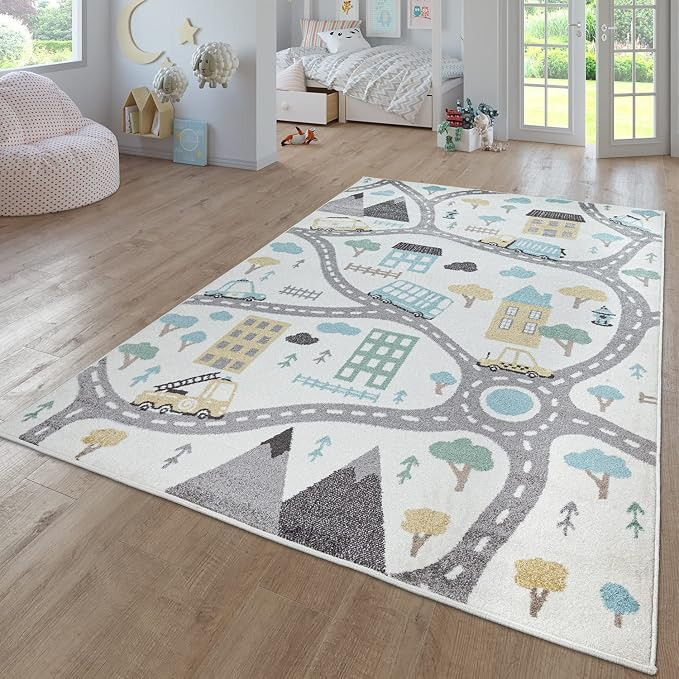 Kids Rug for Nursery with Town Streets and Cars Motif in Pastel Cream, Size: 5'3" x 7'3" | Amazon (US)
