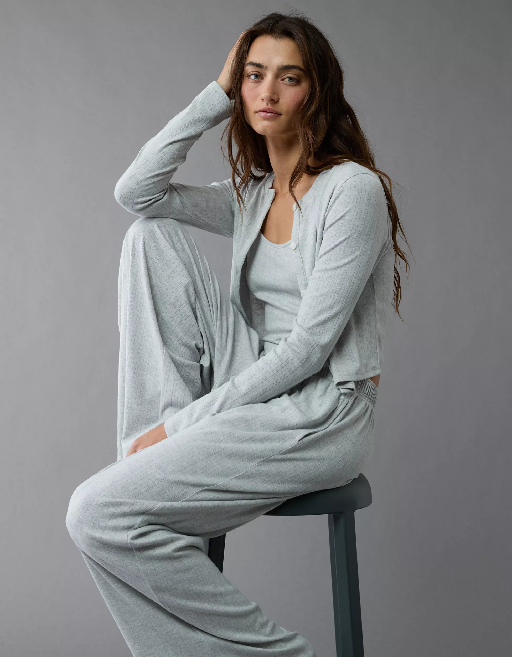 AE 3-Piece Pointelle Plush Cardigan Pajama Set | American Eagle Outfitters (US & CA)