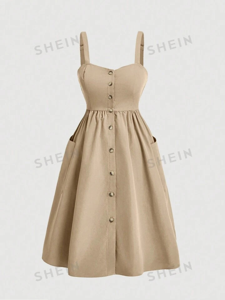 SHEIN MOD Plus Size Women's Solid Color Simple Daily Pocketed Sling Dress | SHEIN