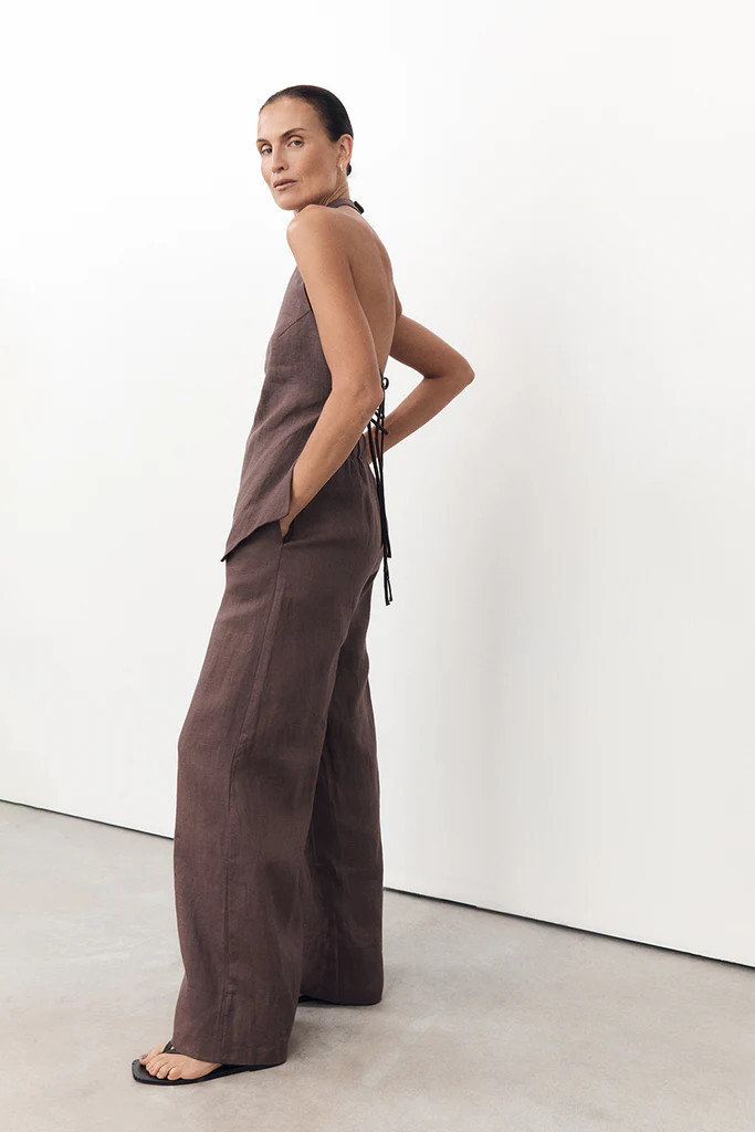GINA CHOC LINEN ELASTIC WAIST PANT | DISSH