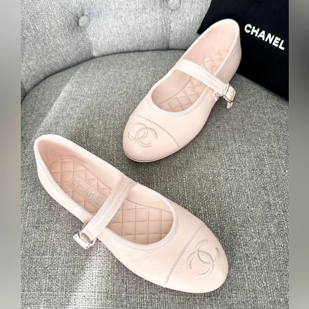 CHANEL CC LOGO PINK LEATHER MARYJANE BALLET FLATS SHOES SILVER BUCKLE 38 | Poshmark