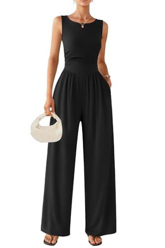 Ekouaer Jumpsuits for Women One Piece Jumpsuit Wide Leg Sleeveless Crewneck Casual Dressy Womens Romper Jumpers With Pockets Summer Vacation Outfits 2026 Black L | Amazon (US)