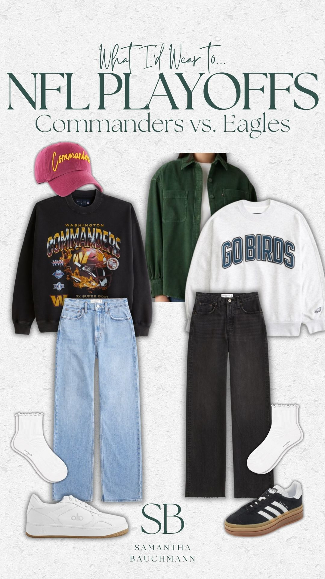 What I'd wear to an NFL play off game: Commanders vs Eagles 🏈 

adidas sneakers, outfit idea, NFL game outfit idea, tall girl friendly fashion, abercrombie, abercrombie sale, casual style, adidas sneakers, alo sneakers, neutral shoe, abercrombie NFL crewneck, leather jacket, blazer, boy mom, mom of 4, Samantha Bauchmann 

 #LTKSeasonal #LTKSaleAlert #LTKFindsUnder100