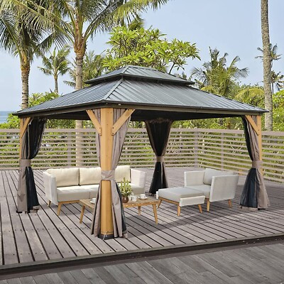 Domi 12x14ft Wood Gazebo,Cedar Wood Frame w/Galvanized Steel Double Roof&Curtain | eBay | eBay US
