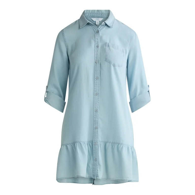 Time and Tru Women's and Women’s Plus Tiered Mini Shirtdress with Long Sleeves, Sizes XS-3XL | Walmart (US)