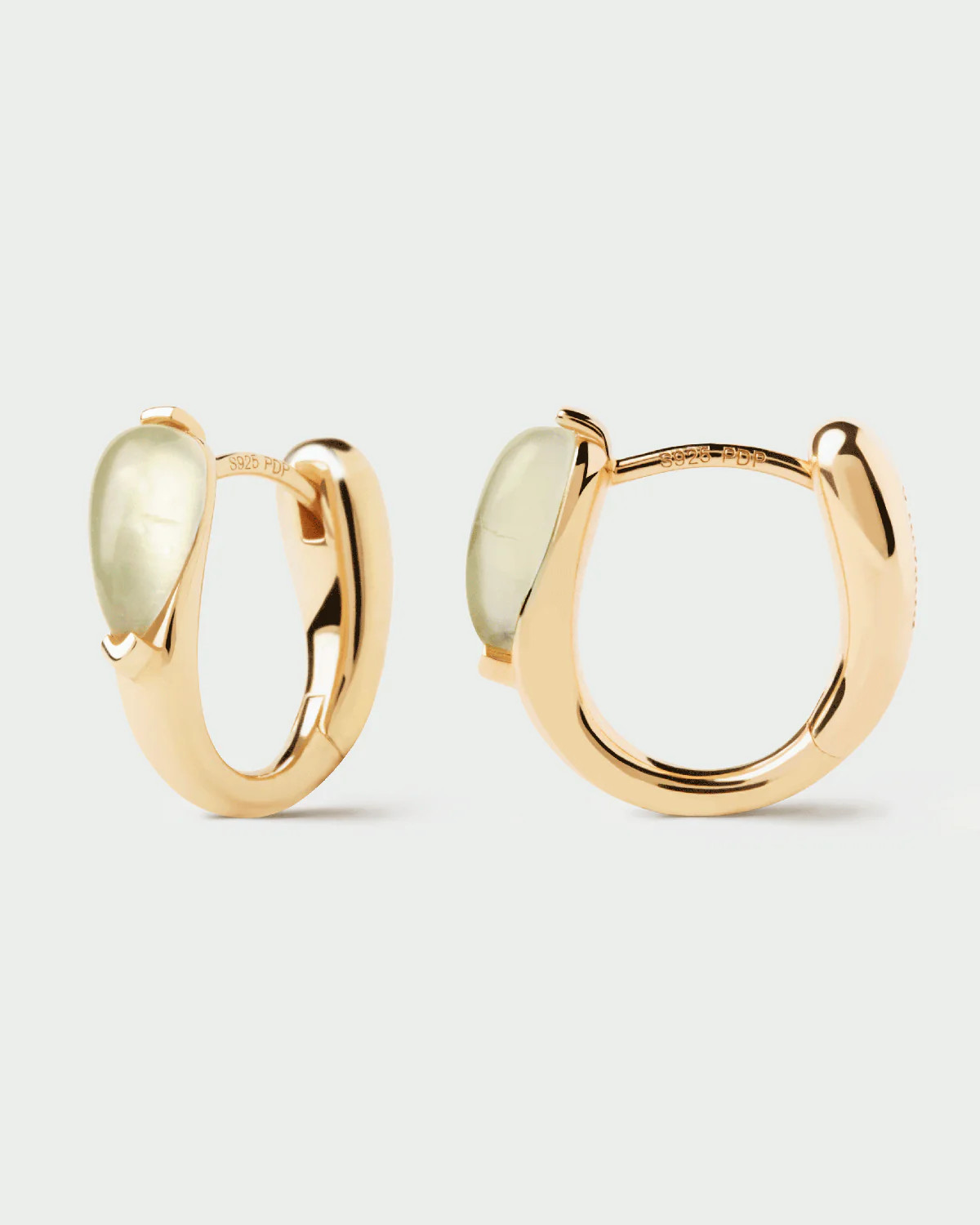 Gold-plated dainty huggie earrings accented with an oval green gems... | Prehnite Isla hoops | PD... | PDPAOLA DE