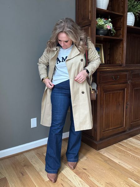 Out to lunch Outfut. 
Spanx flares size XL PETITE 10% off code NANETTEXSPANX 
Amour sweater size XL 15% off code NANETTE15
No iron blouse size 2.0
Trench I’ll link a few for ya! Mine is from Ann Taylor a few years ago and love it. The Abercrombie trench looks really good. Water repellent and comes in a petite! 
Linking similar boots 

#LTKover40 #LTKworkwear #LTKmidsize