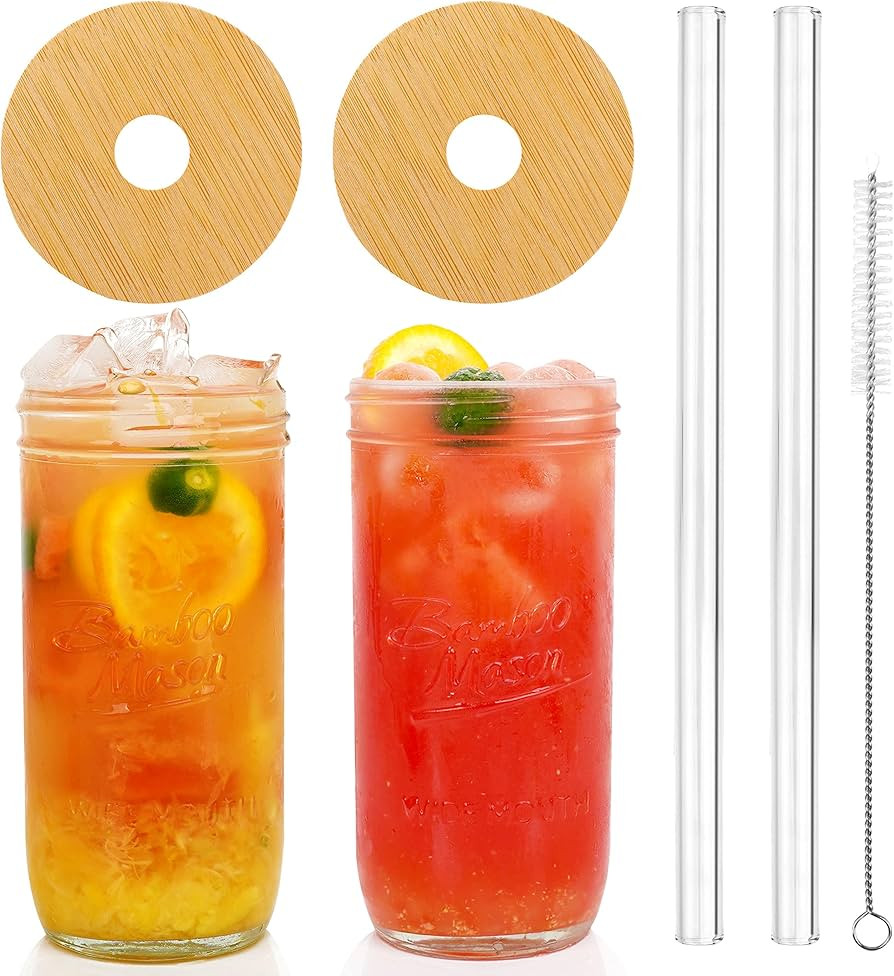 ANOTION Mason Jar with Lid and Straw, 24oz Wide Mouth Cup Reusable Drinking Glasses Tumbler Smoot... | Amazon (US)