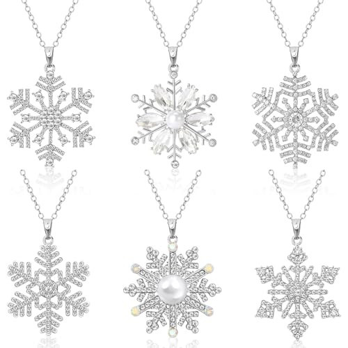 DTOFOOT ﻿6 Pack Christmas Winter Snowflake Necklaces for Women Sparky Rhinestone Crystal Pearl Snowflake Charm Collar Necklace Xmas Snowflake Pendant Necklace Holiday Festival Jewelry Necklace | Amazon (US)