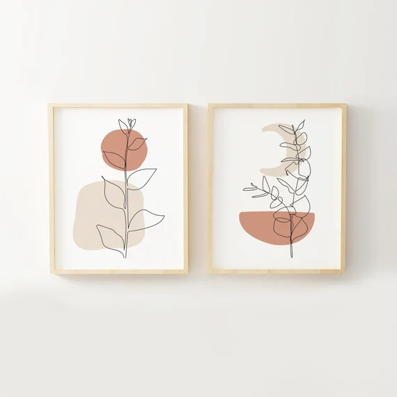Sun and Moon Modern Minimal Line Drawing Wall Art, Botanical Line Art Print Set of 2, Mid Century... | Etsy (US)