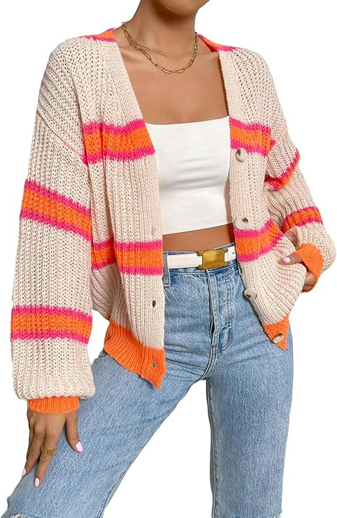 WDIRARA Women's Color Block Drop Shoulder Long Sleeve Cardigan Button Front Mesh Knitted Tops | Amazon (US)